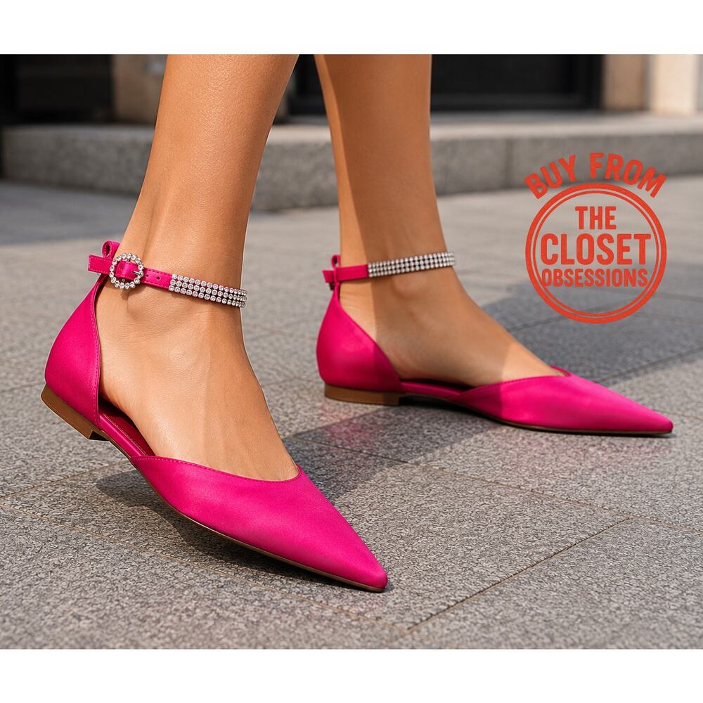 MANGO Fuchsia Satin Rhinestone Pointed Toe Flats NWT Barbiecore Shoes - Picture 3 of 16